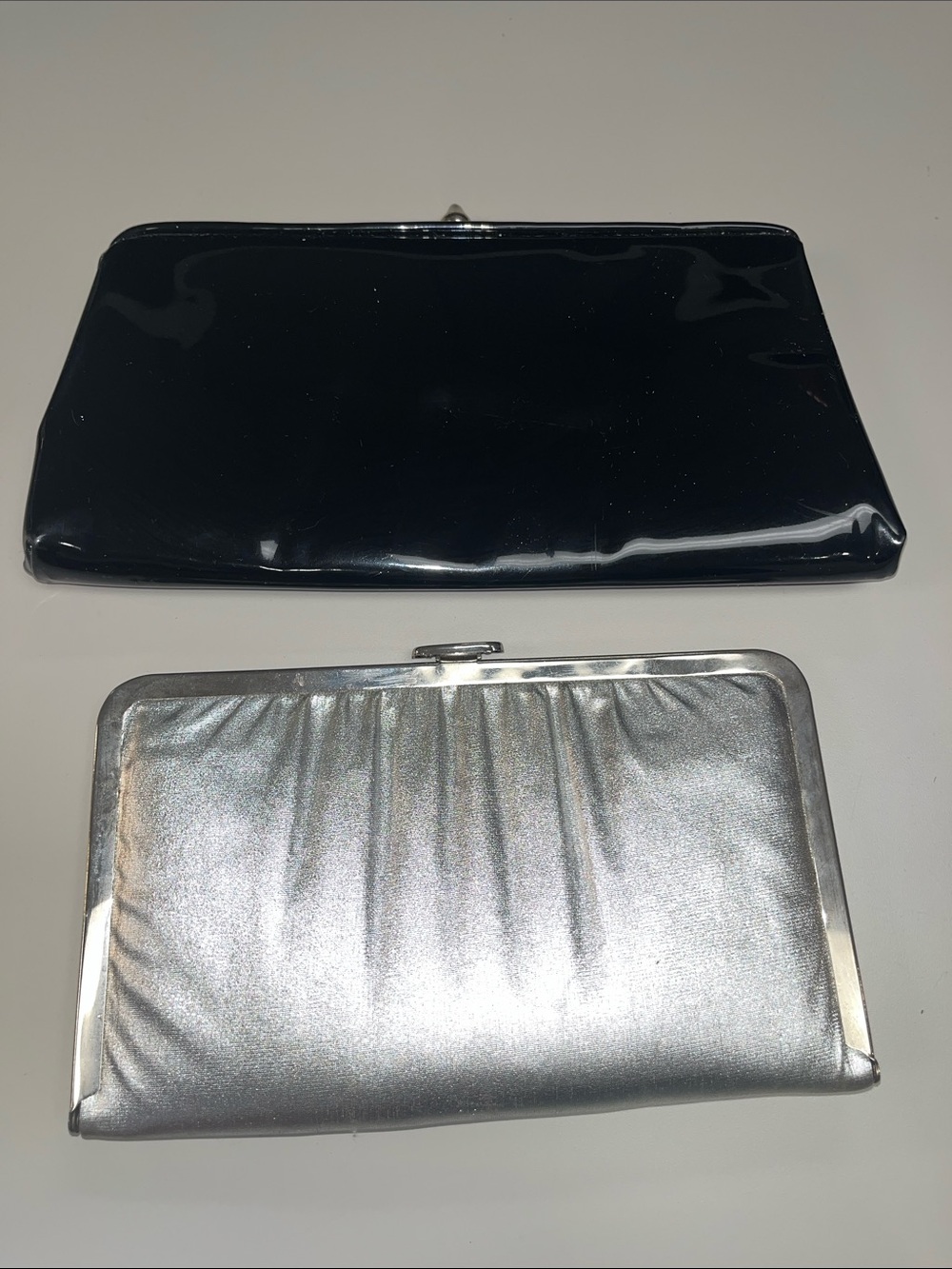 Source Unknown Black Patent and Silver Metallic Clutch / Evening Bag Bundle Duo
